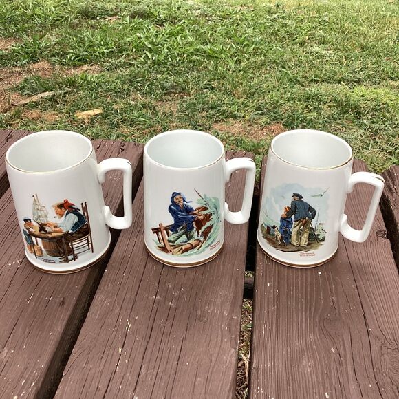 Vintage Norman Rockwell Coffee Mugs Set of 3 Nautical Theme Gold Rim Collectible - Picture 1 of 6